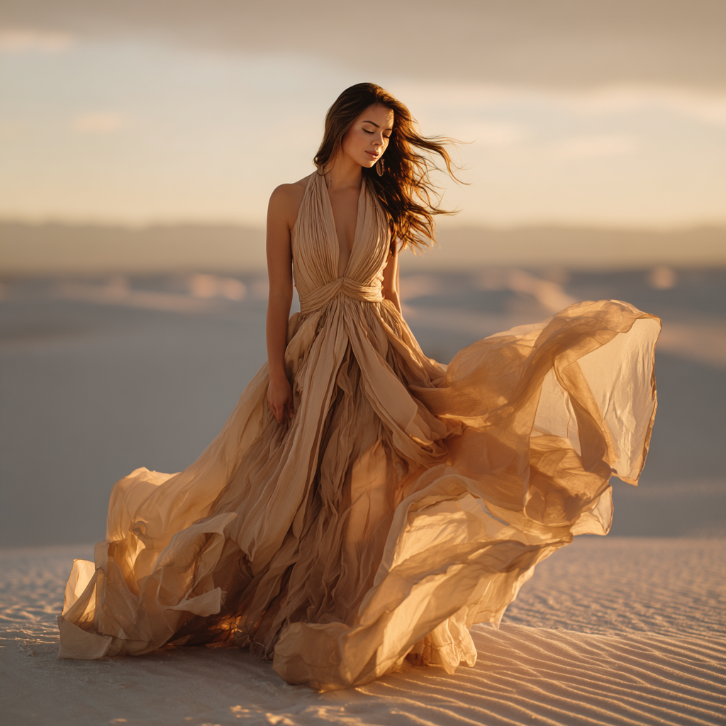 Woman in a flowing neutral gown in the desert