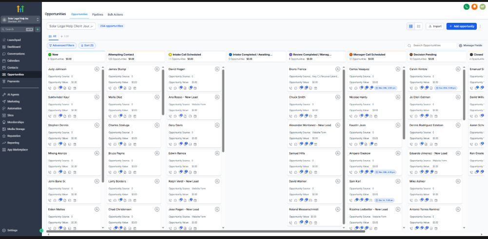 GoHighLevel CRM opportunity pipeline with organized columns and opportunity cards