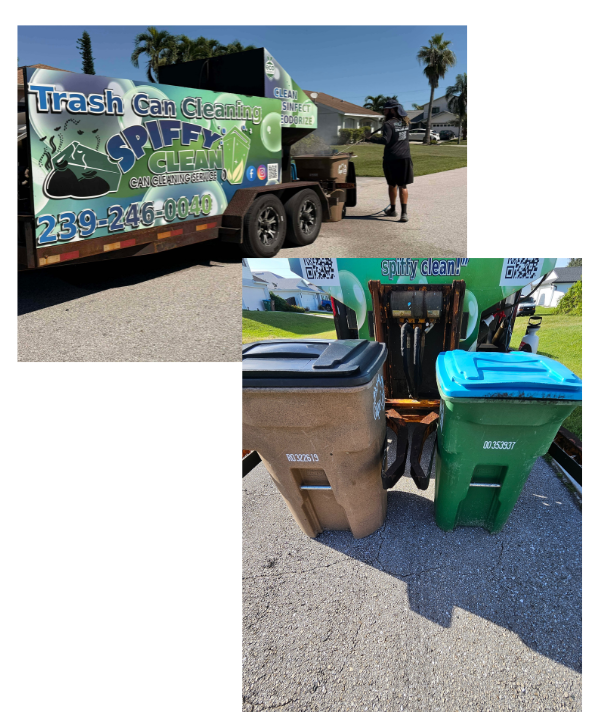 Spiffy Can Cleaning technician using a mobile trash can cleaning trailer in Cape Coral, Florida.