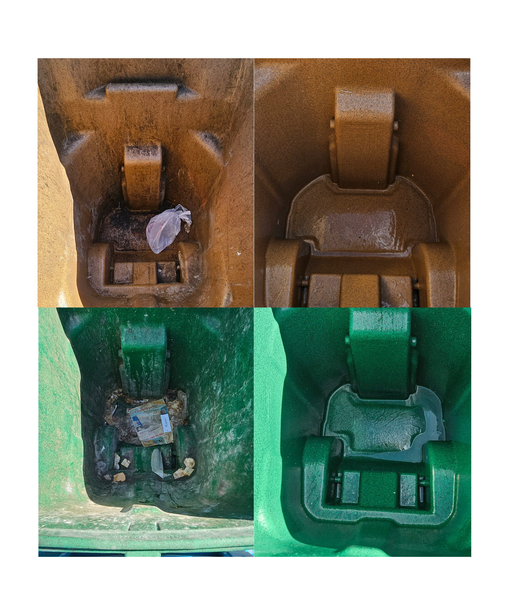 Before-and-after photos showing dirty trash cans filled with grime and debris compared to freshly washed, disinfected, and deodorized bins cleaned by Spiffy Can Cleaning in Cape Coral, Florida.