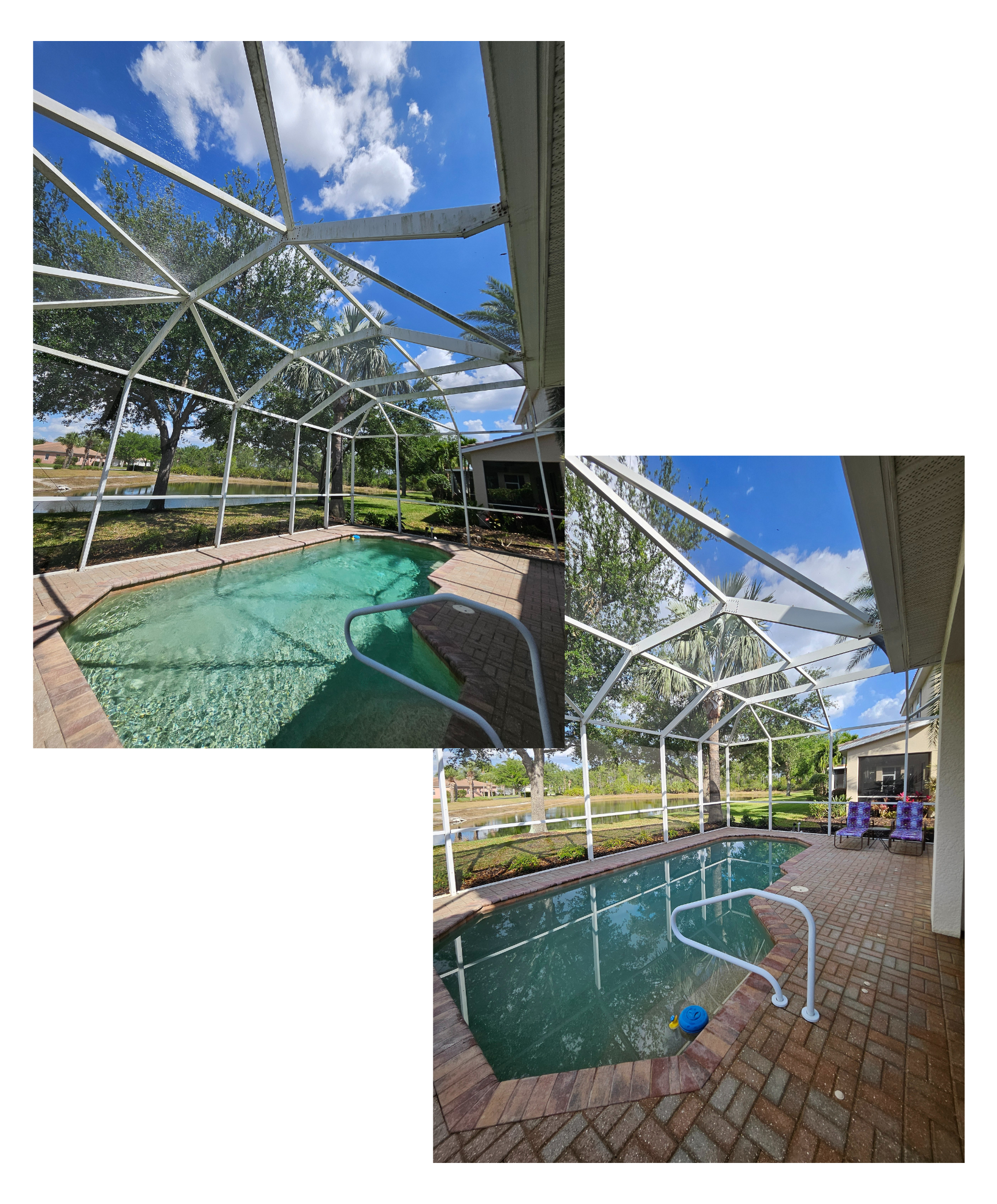Before and after images of a screened-in pool deck in Cape Coral, Florida, showing algae buildup being removed and the brick pavers restored through professional pressure washing.