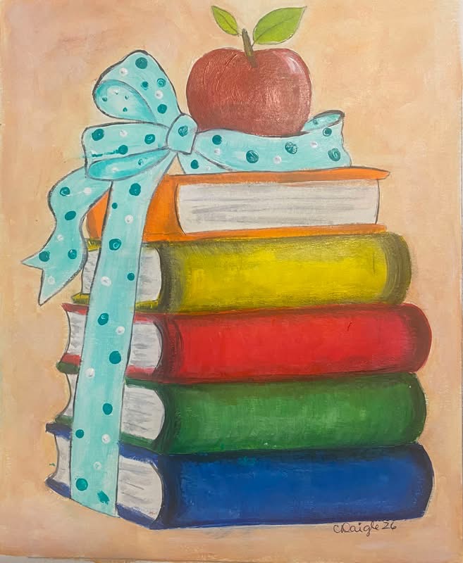 ArtGirls member, Camala D. painted books, apple and bow canvas