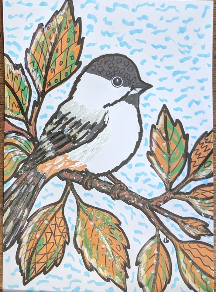 ArtGirls member, Liz B. chickadee and autumn leaves painting
