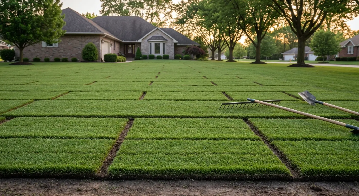 Fresh sod installation in residential yard