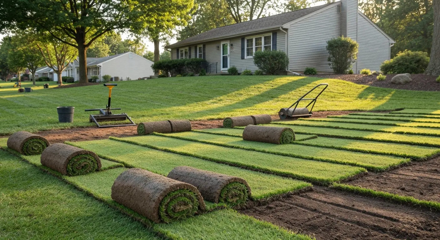 Fresh sod installation on residential lot
