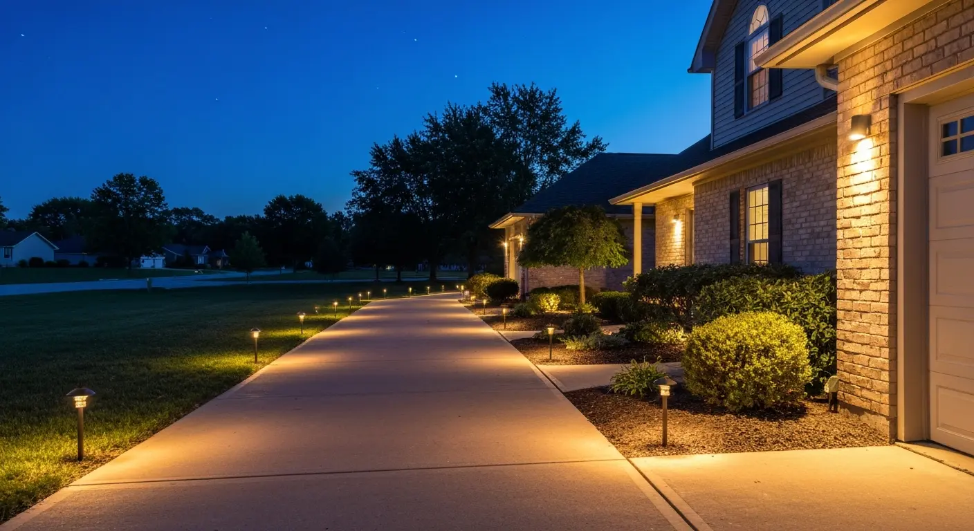 Landscape lighting illuminating driveway at dusk