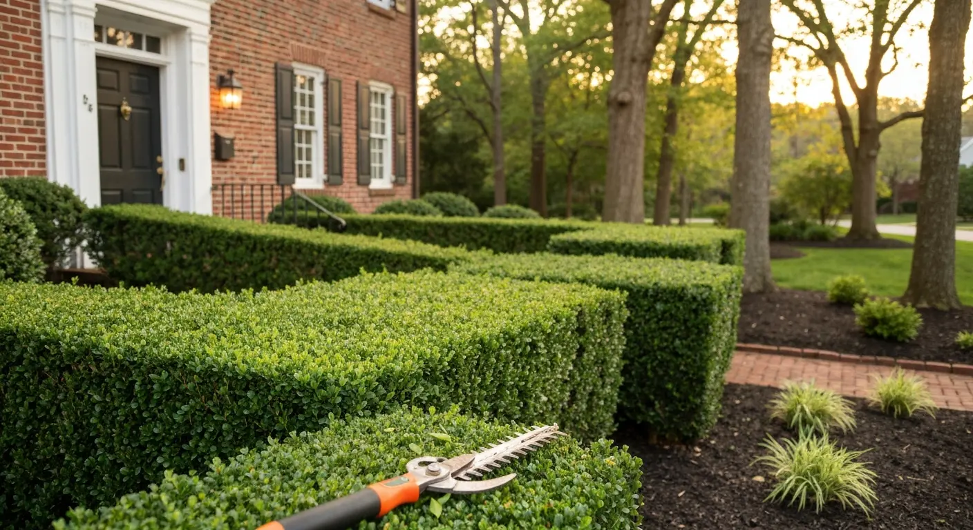 Neatly trimmed hedges and landscaping