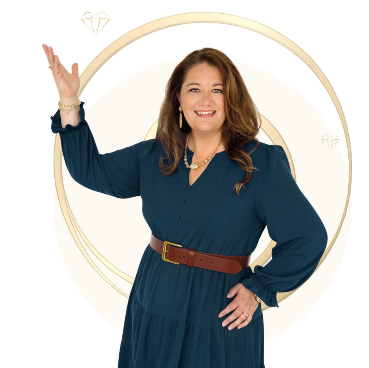 Wendy Hoerl smiling, one hand raised as if presenting an idea
