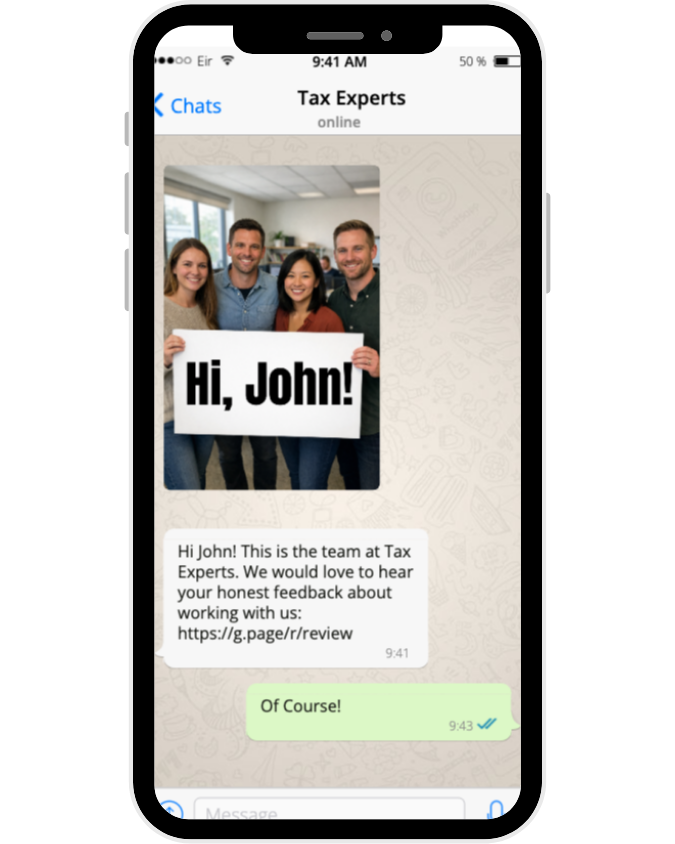 Phone showing a WhatsApp review request
