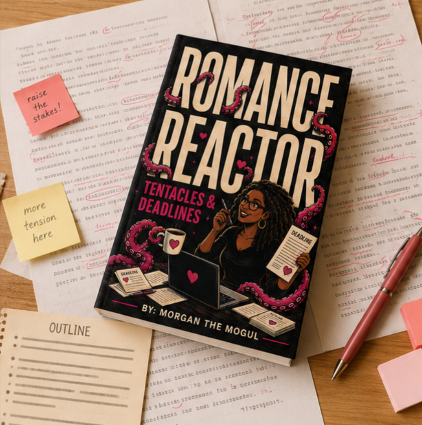The Romance Reactor book resting on an edited manuscript with colorful notes