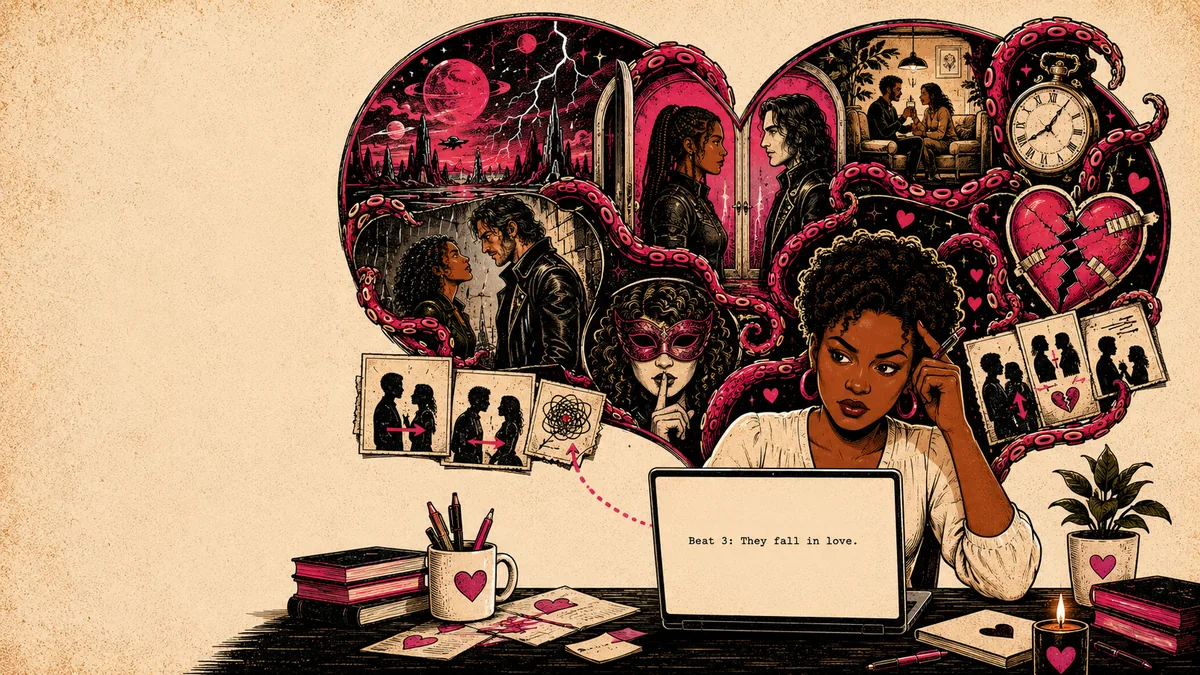 Illustrated collage of a writer imagining story panels and beats above her laptop