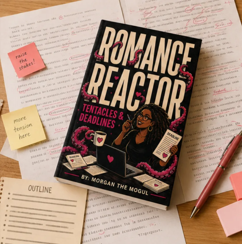 Romance Reactor resting on an edited manuscript covered in revision notes