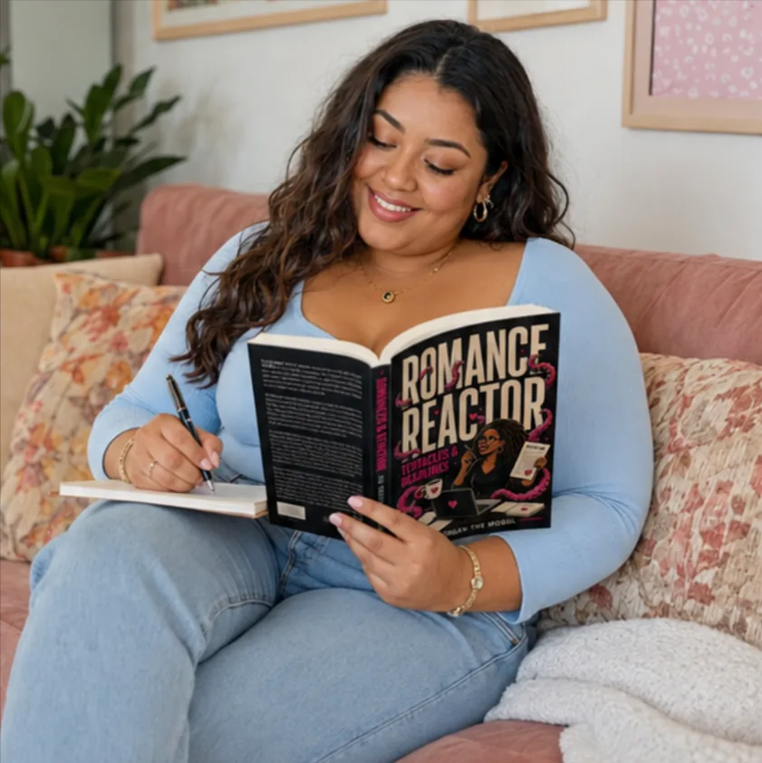 A romance writer reading The Romance Reactor and taking notes