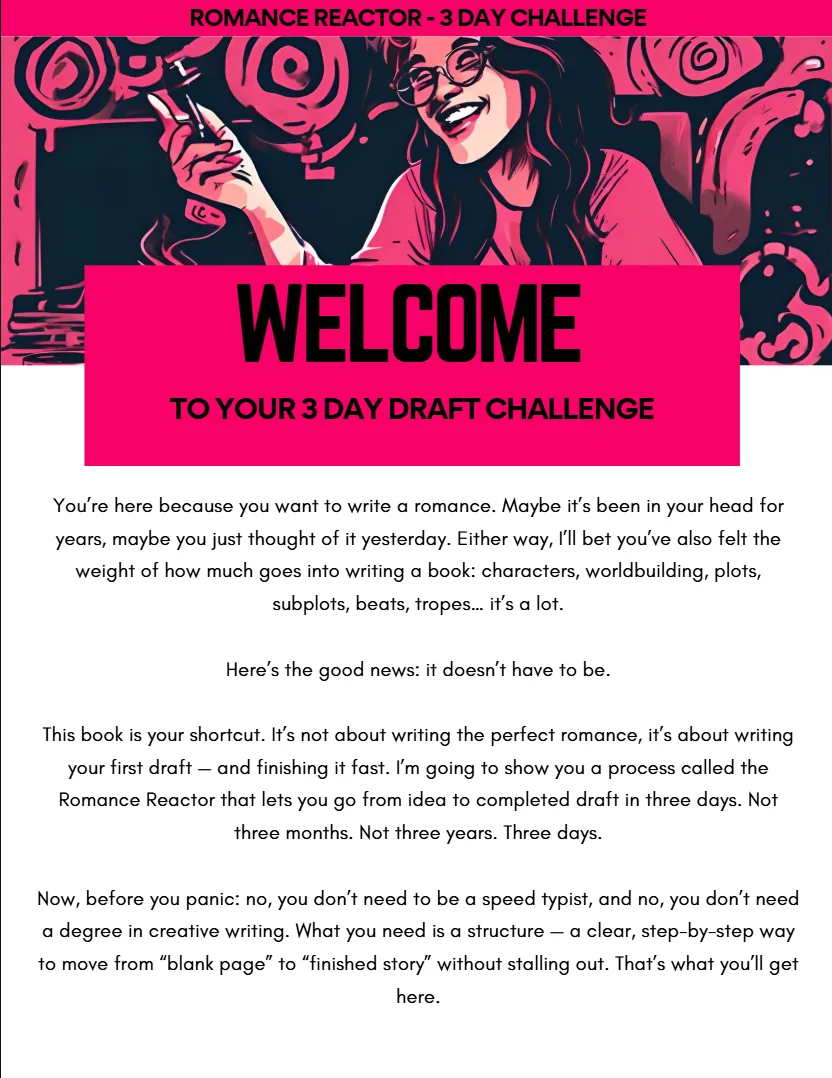 The welcome page inside The Romance Reactor three-day draft challenge