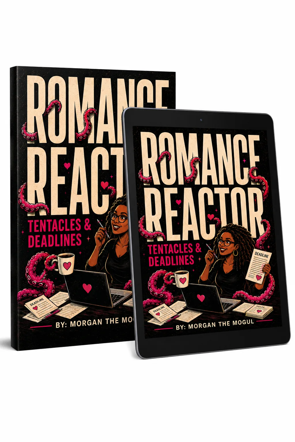 Romance Reactor ebook shown on a tablet beside the paperback mockup