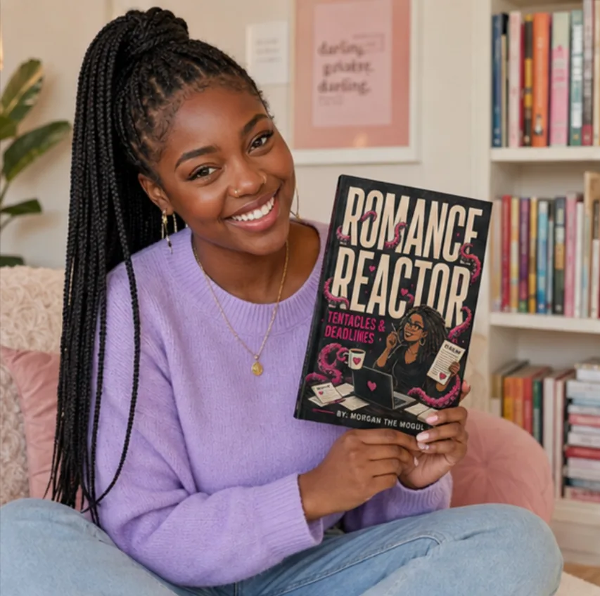 Writer smiling while holding a printed copy of Romance Reactor