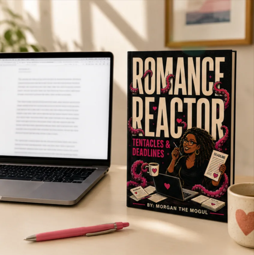 Romance Reactor standing beside an open laptop and coffee on a writing desk