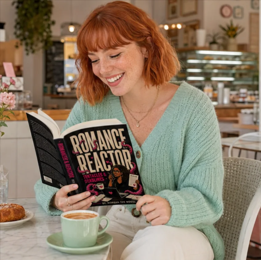 Reader holding a printed copy of Romance Reactor