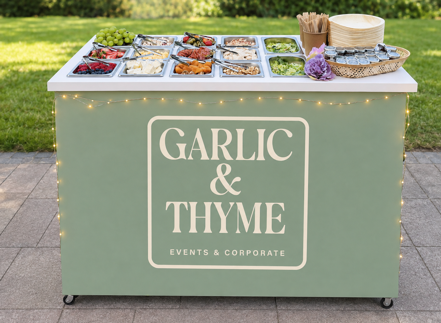 The Garlic and Thyme branded grazing cart dressed with fairy lights and ready for guests