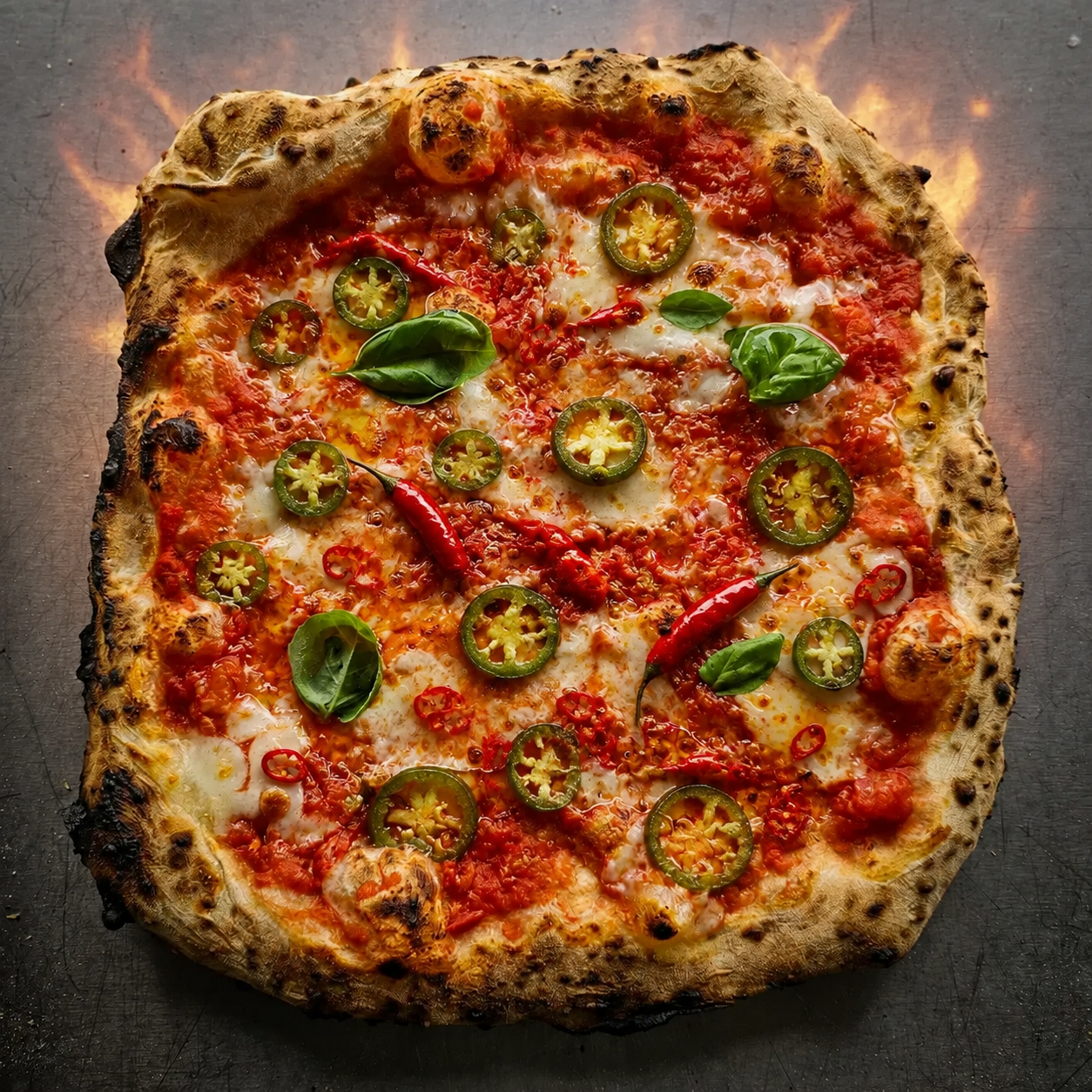 Fiery wood-fired pizza topped with jalapeños and red chillies for the spicy pizza challenge