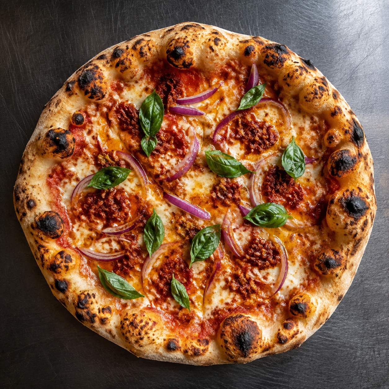 Nduja pizza with red onion, basil and hot honey