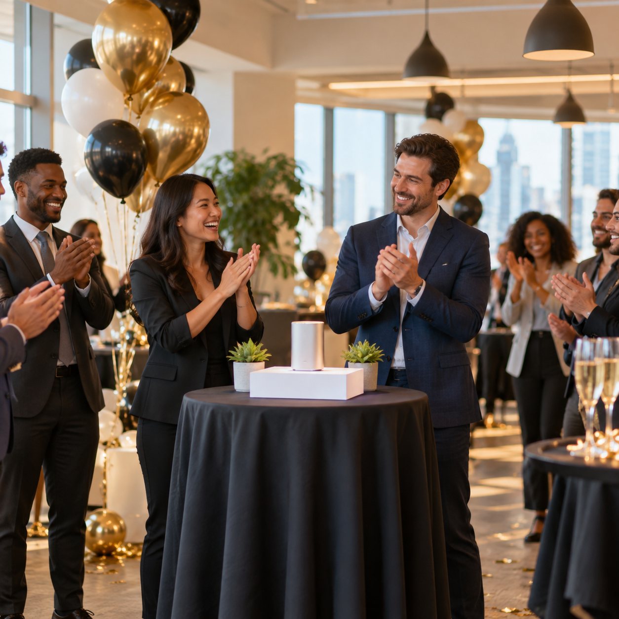 Coworkers celebrating a company milestone or launch