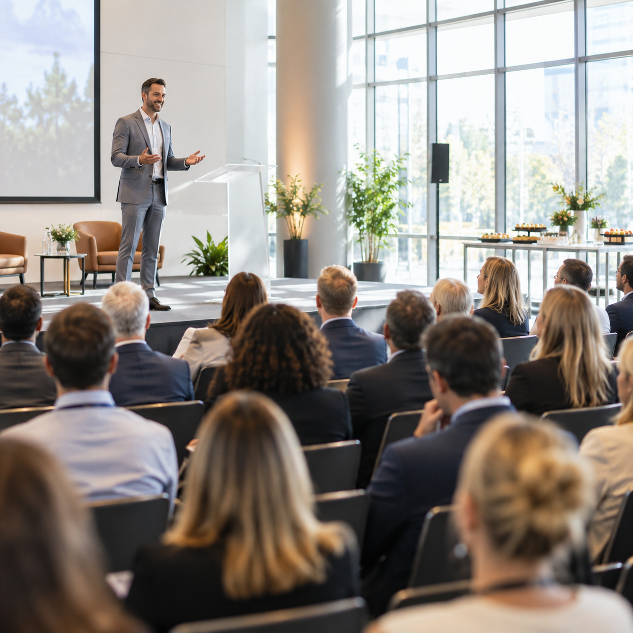 A speaker addressing attendees at a conference or open day