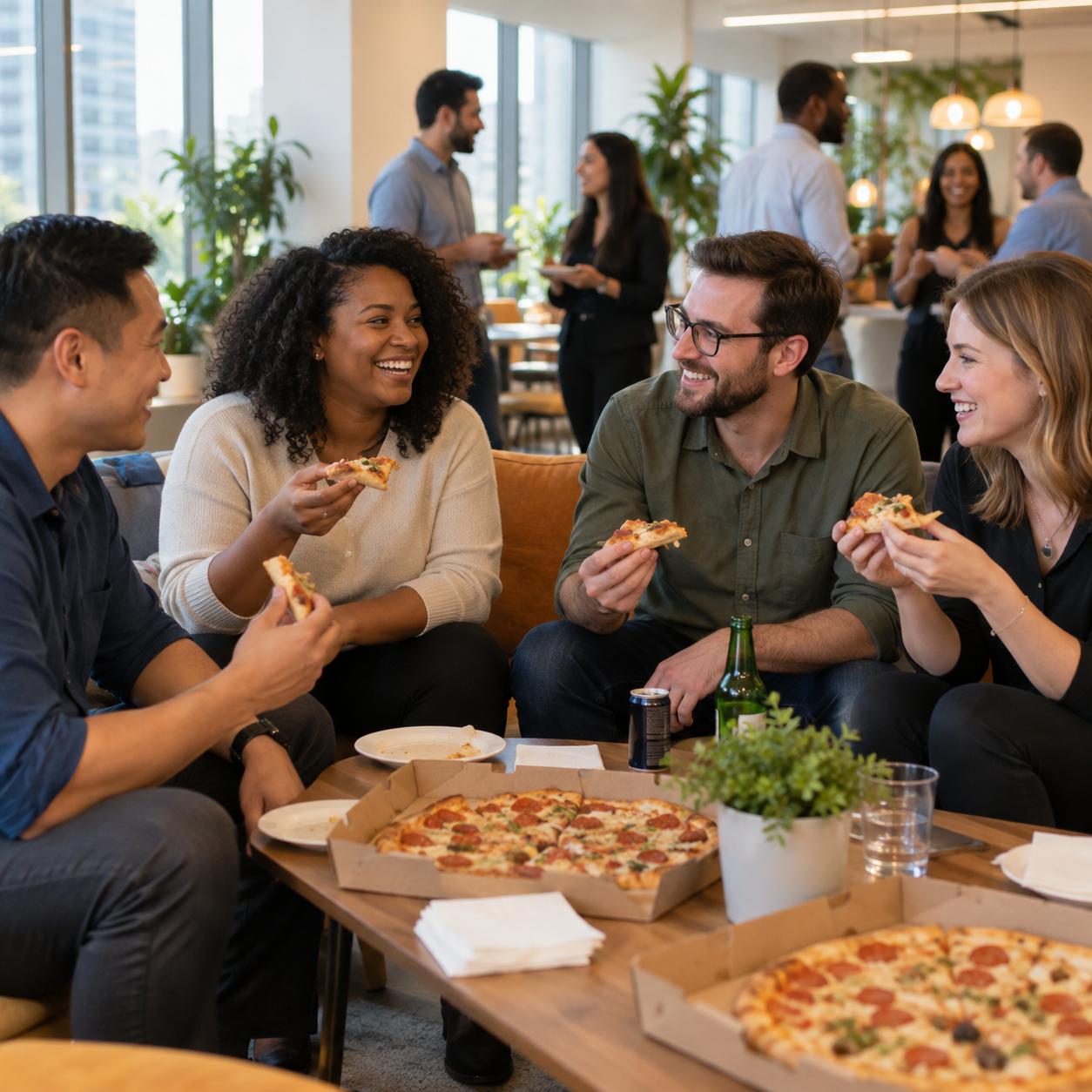 Coworkers enjoying pizza together without a competition