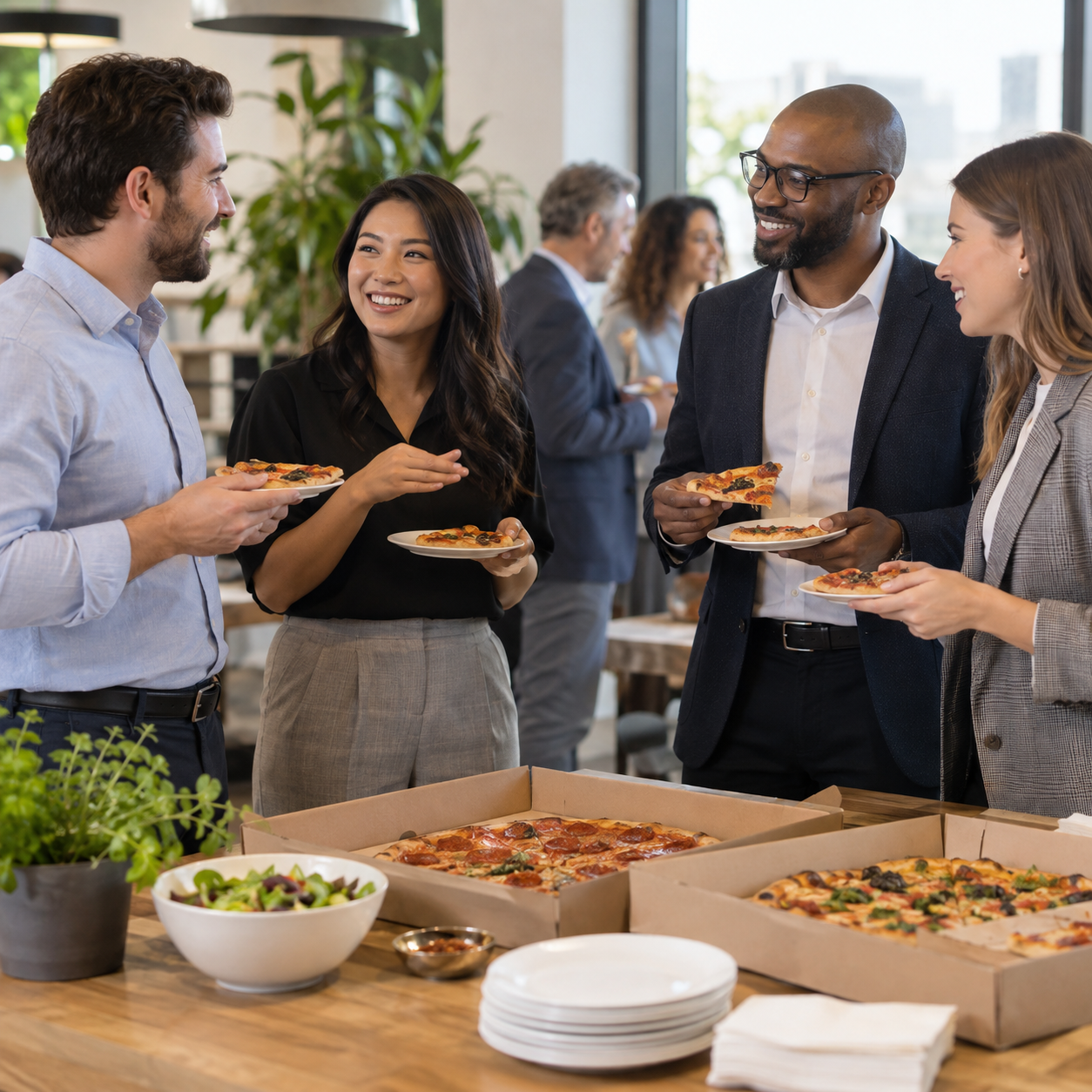 Colleagues enjoying a relaxed corporate food event without music