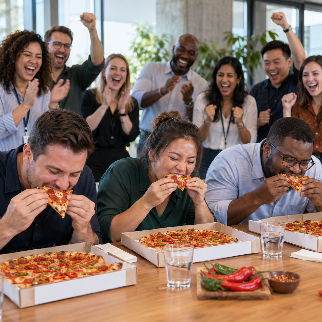 Coworkers taking part in a lively pizza-eating team competition