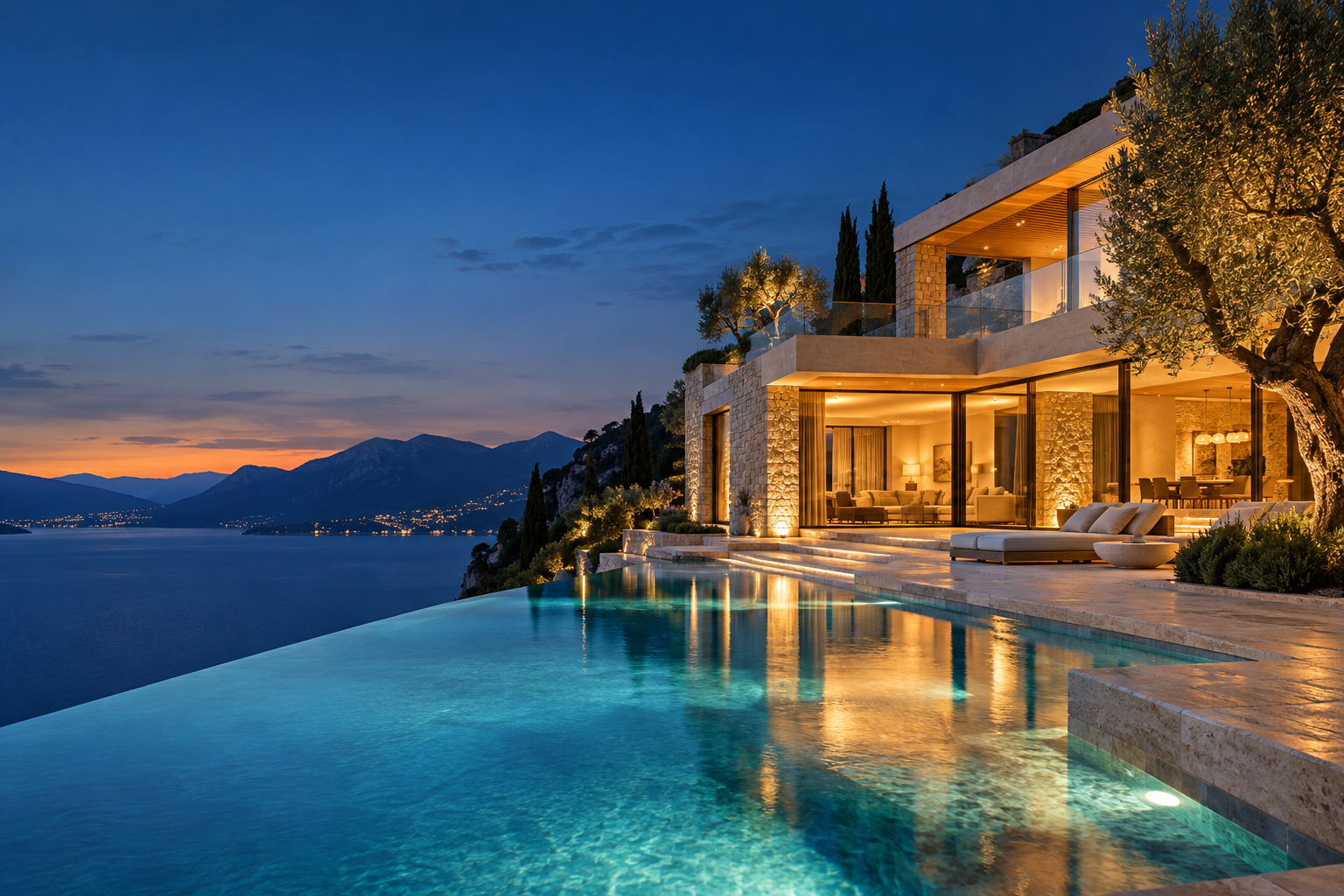Modern waterfront villa with a turquoise infinity pool and warm evening lights