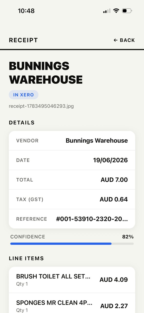 Receipt details with vendor, date, total, GST, reference, confidence and line items