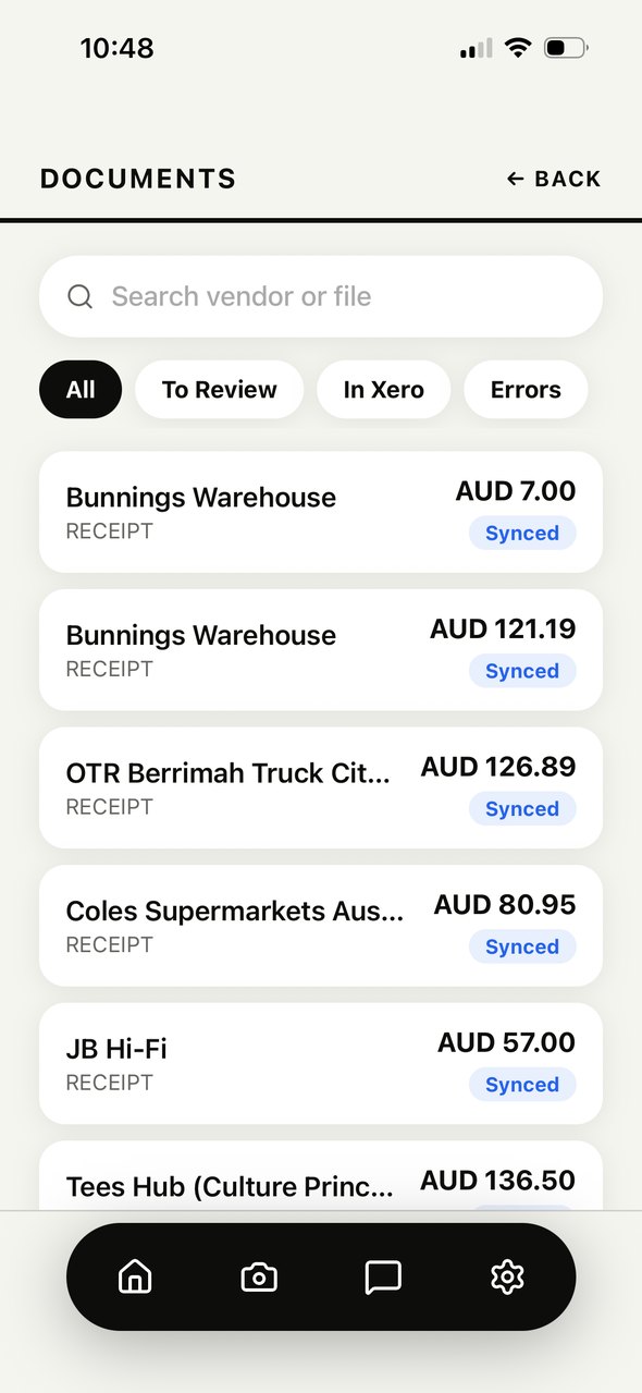 Documents list with every receipt marked Synced