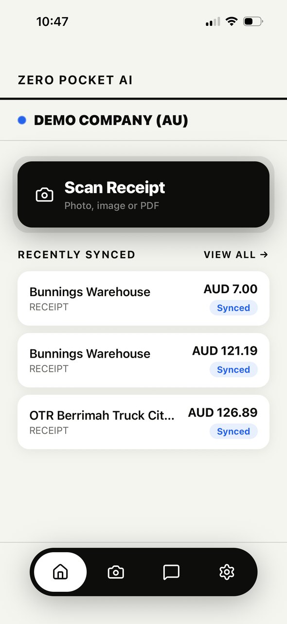 Zero Pocket AI home screen with the Scan Receipt button