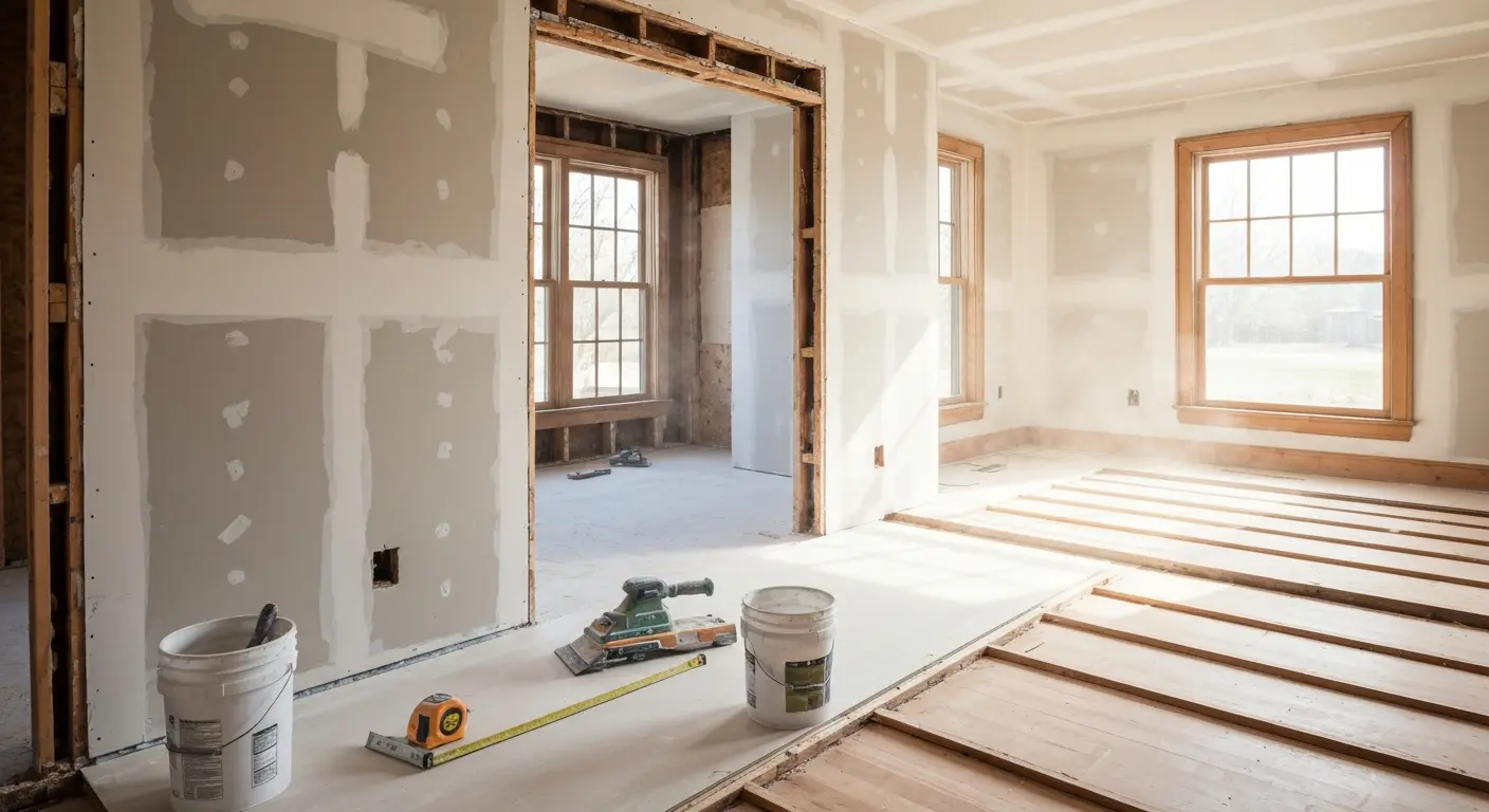 Fire-damaged room restoration showing drywall replacement