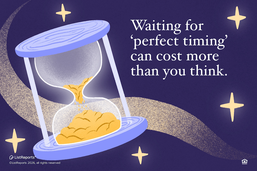Real estate timing graphic about not waiting for perfect market conditions and focusing on personal goals instead