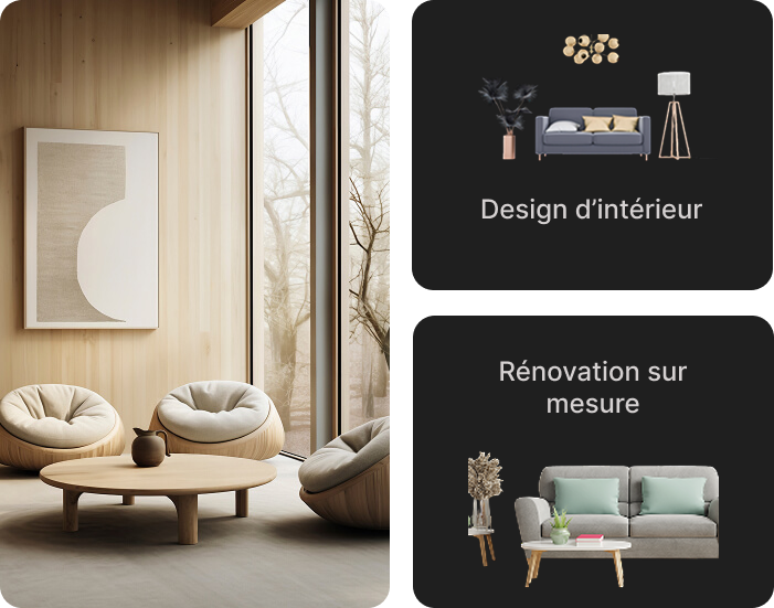 Design d'intérieur minimaliste avec fauteuils ronds, table basse en bois et exemples de rénovation sur mesure par PLEIN CIEL HABITAT.