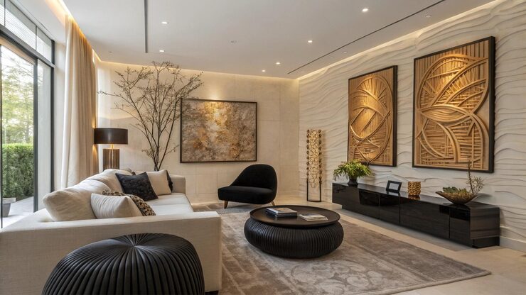 Salon de luxe avec canapé blanc, décorations murales artistiques en bois et éclairage tamisé, conçu par PLEIN CIEL HABITAT.