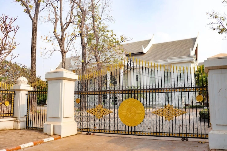 Une grande maison blanche avec un grand portail en fer forgé noir, orné de panneaux décoratifs dorés et détaillés.