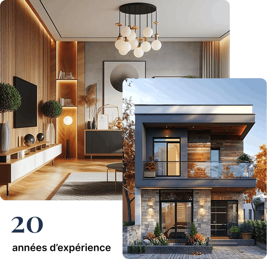 Vue d'un salon moderne avec un mur en lattes de bois et une vue extérieure d'une maison contemporaine à deux étages avec façade en pierre, conçus par PLEIN CIEL HABITAT.