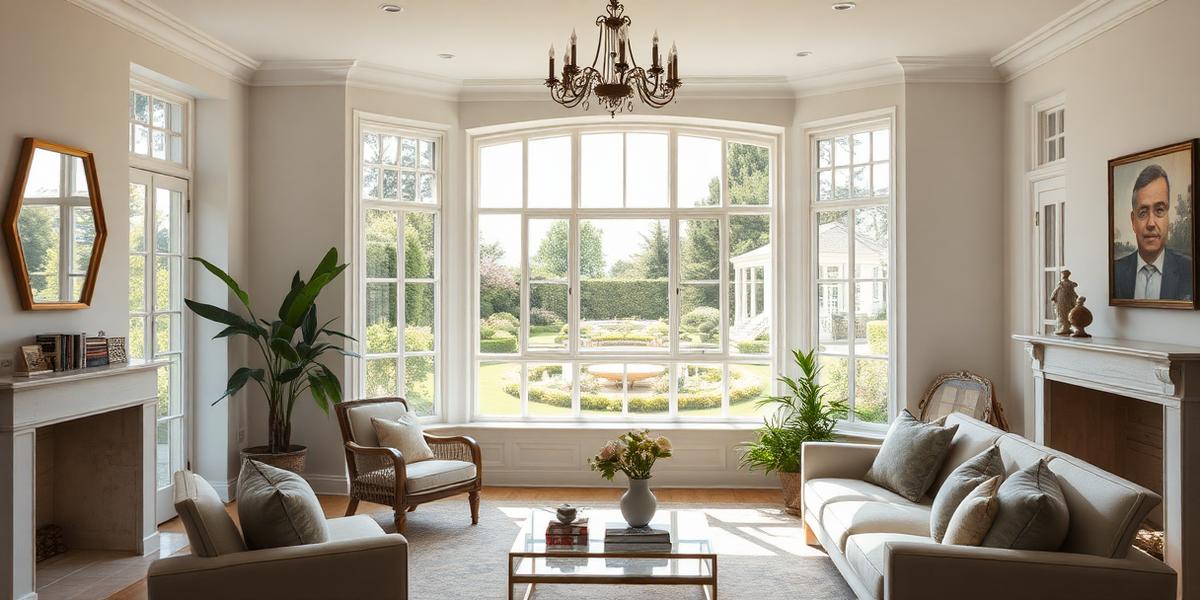 Un salon élégant et lumineux de style classique avec de grandes baies vitrées offrant une vue sur un jardin verdoyant et une fontaine. La pièce dispose d'un mobilier aux tons neutres, comprenant un canapé beige, des fauteuils assortis et une table basse en verre au centre. La décoration inclut un lustre suspendu, des plantes d'intérieur, une cheminée blanche surmontée d'un portrait encadré, et un miroir hexagonal, créant une atmosphère sereine et raffinée.