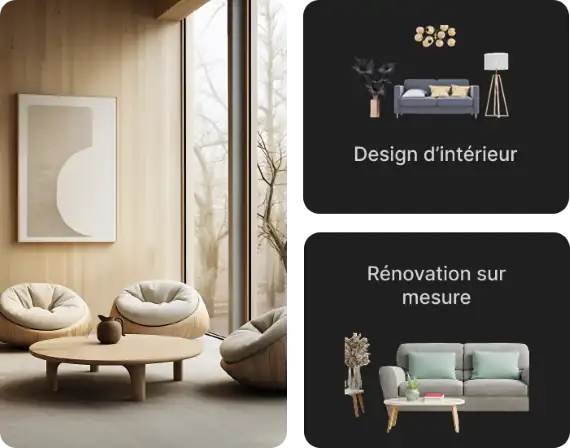Design d'intérieur minimaliste avec fauteuils ronds, table basse en bois et exemples de rénovation sur mesure par PLEIN CIEL HABITAT.