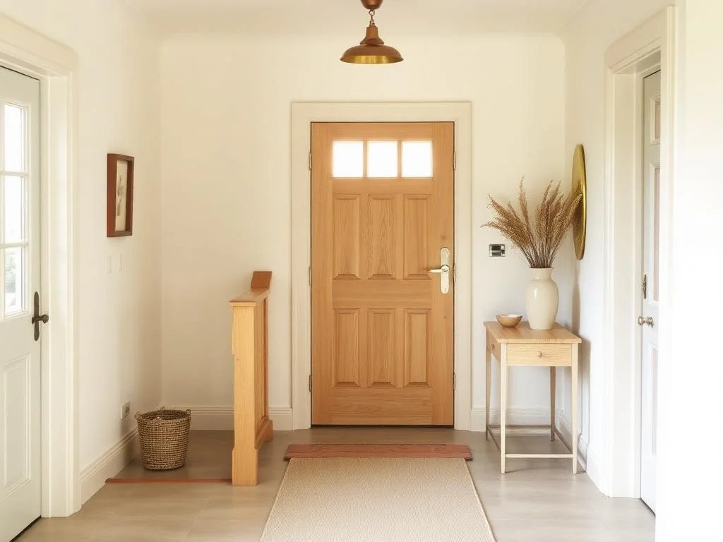 Une entrée lumineuse avec une porte d'entrée en bois clair, une petite console décorée d'un vase contenant des herbes séchées et un panier tressé.