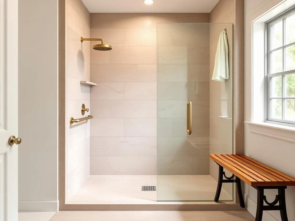 Une douche à l'italienne moderne avec des carreaux beige clair, une robinetterie dorée brossée, une paroi en verre et un banc en bois.