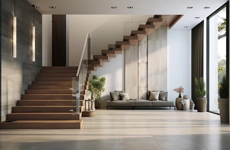 Une entrée moderne et lumineuse mettant en valeur un grand escalier en bois avec garde-corps en verre et un mobilier au design épuré.