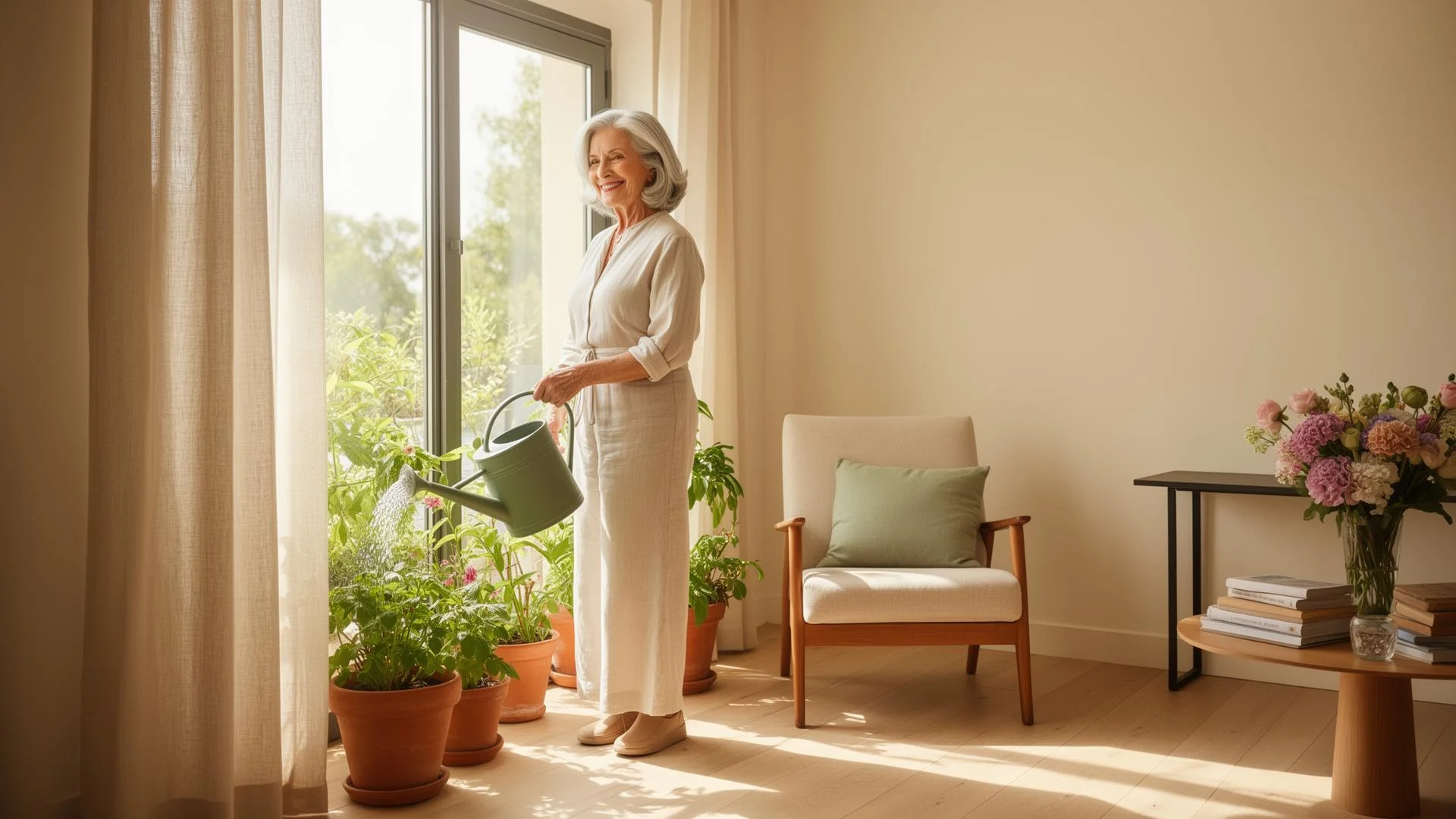 Une femme senior souriante aux cheveux gris arrose des plantes en pot près d’une fenêtre lumineuse à l’aide d’un arrosoir vert.