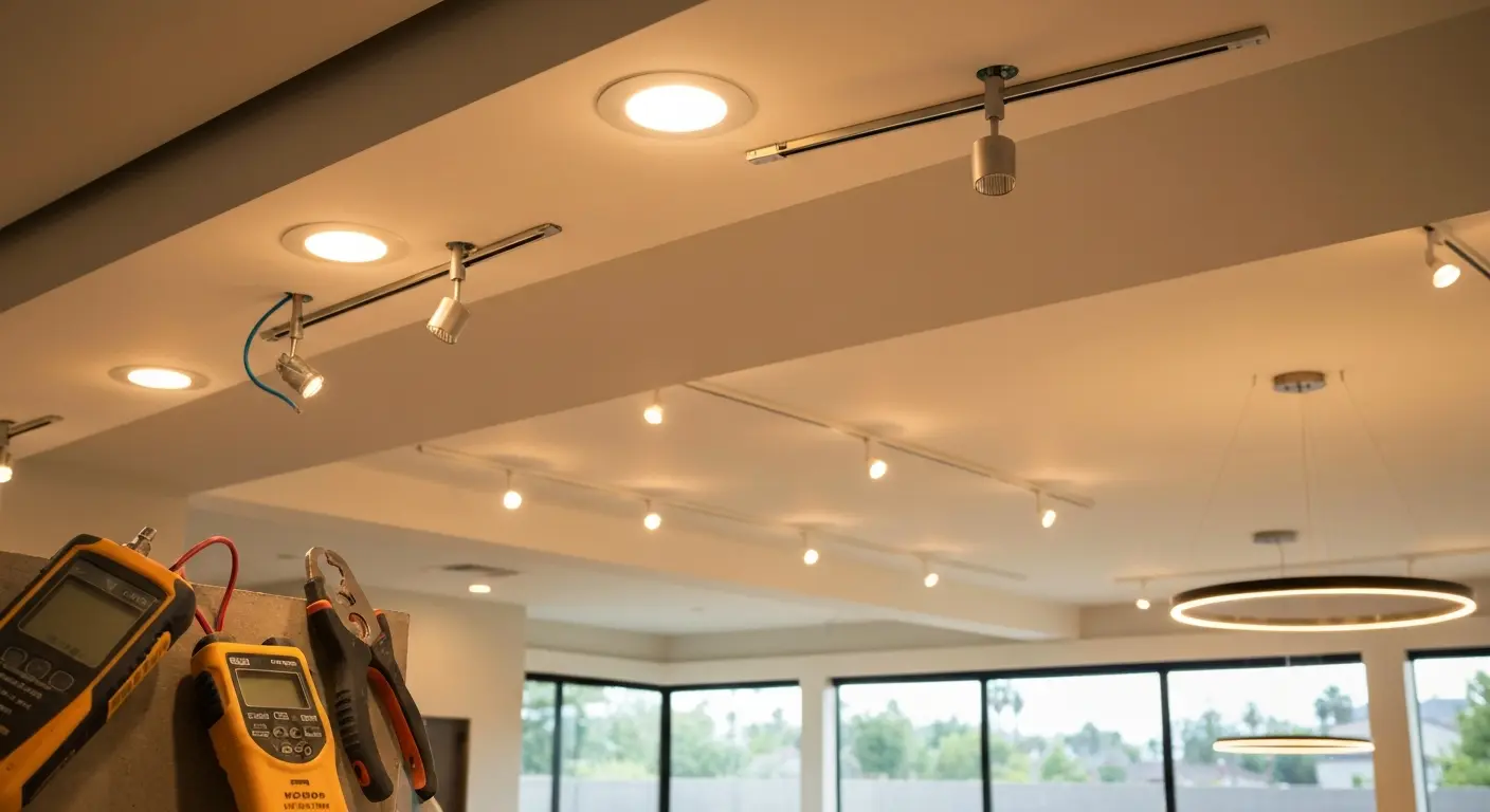 Lighting contractor installing fixtures
