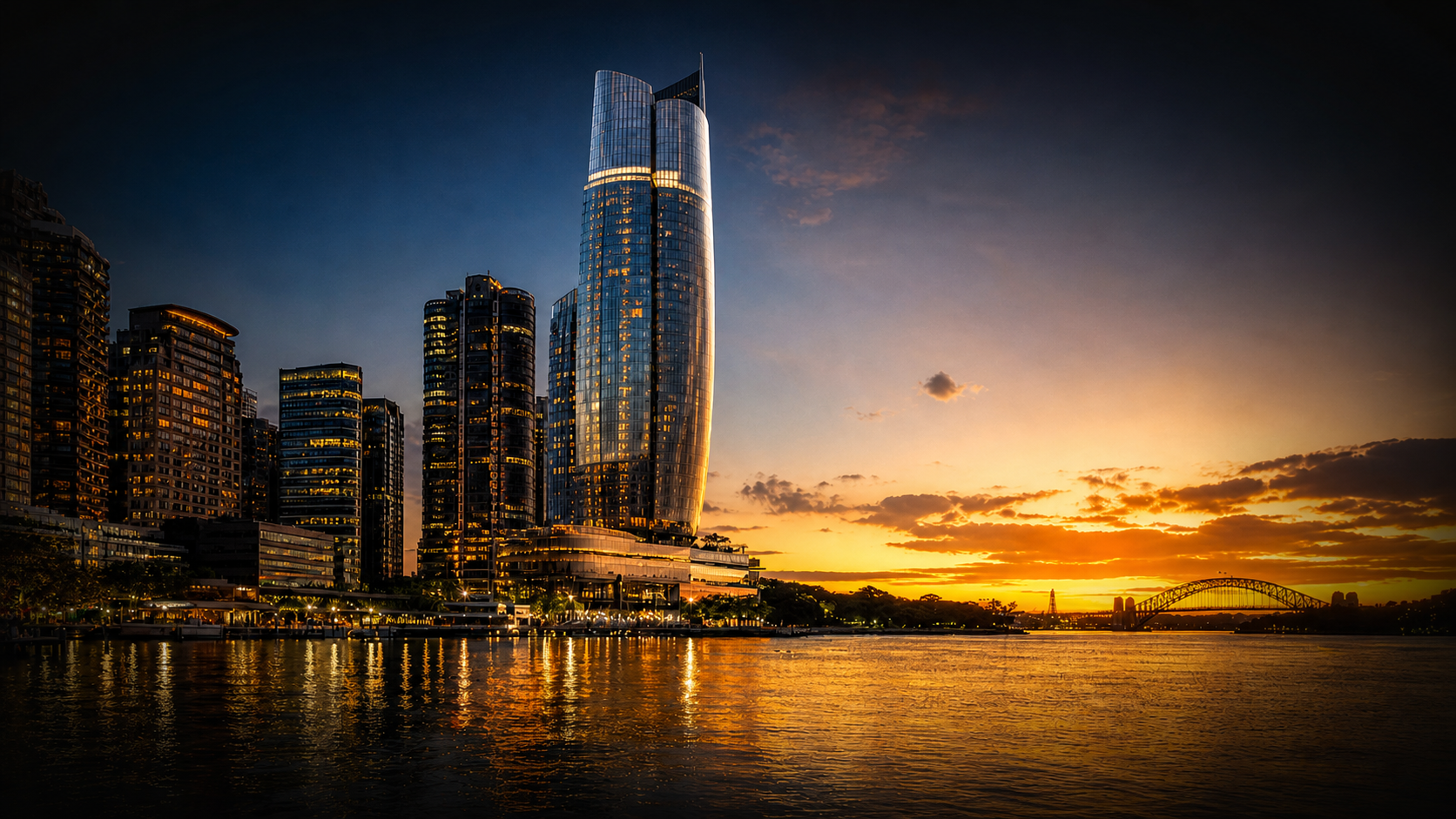 Crown Towers, Sydney harbour at golden hour
