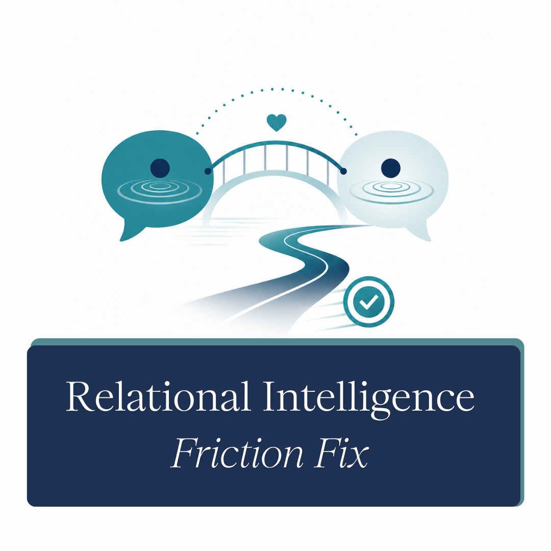 Bridge between two speech bubbles with a forward path and checkmark representing Relational Intelligence Friction Fix for team communication, conflict repair, accountability, and follow-through.