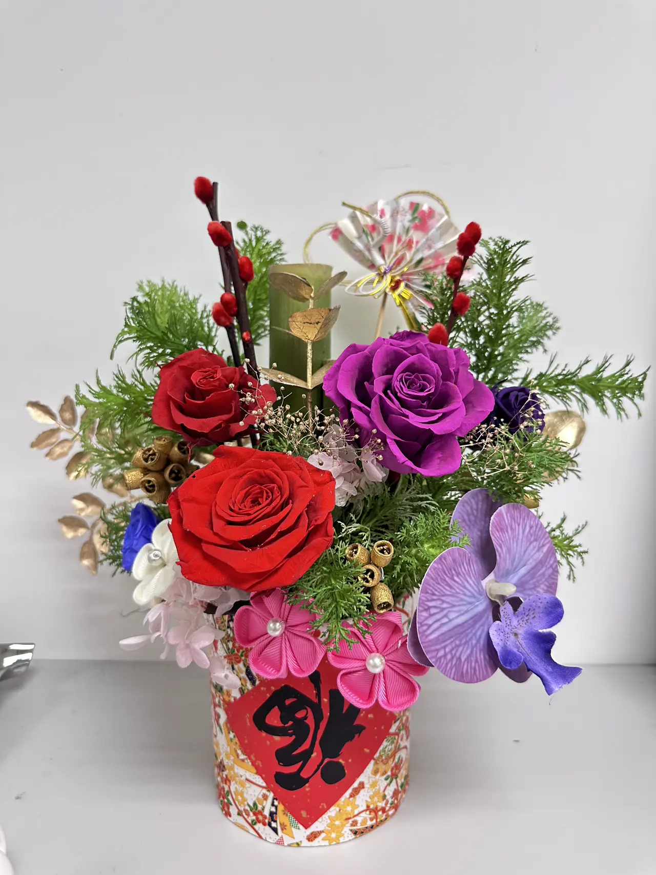 永生花新年桌花設計示範，保鮮花花藝課程學員作品展示